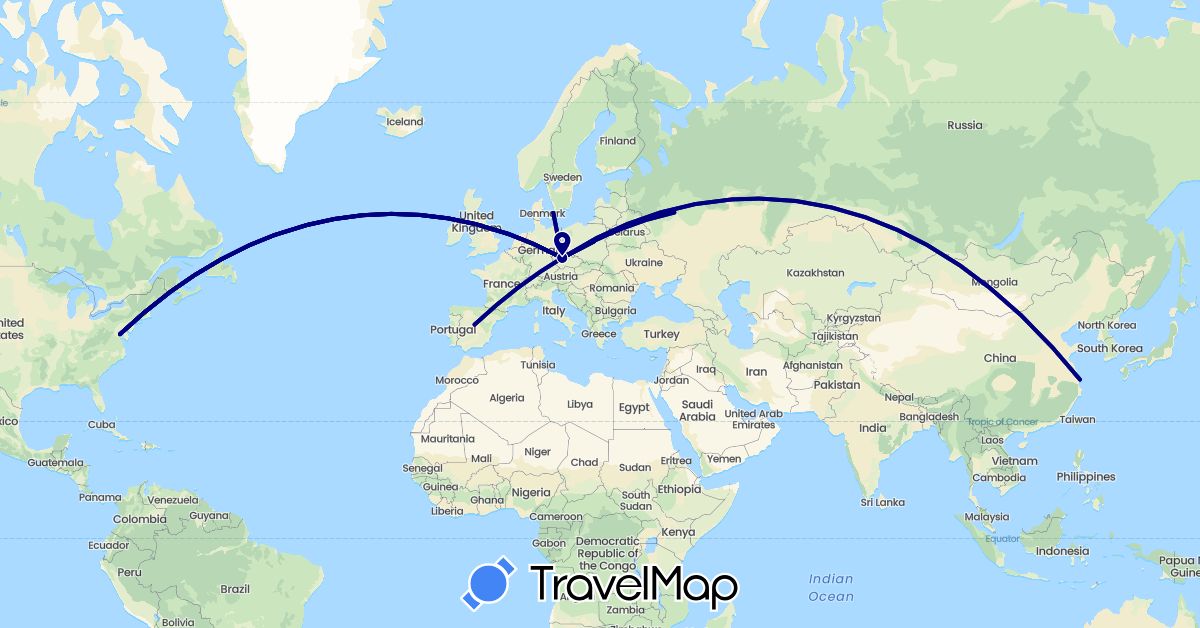 TravelMap itinerary: driving in China, Czech Republic, Denmark, Spain, Poland, Russia, United States (Asia, Europe, North America)
